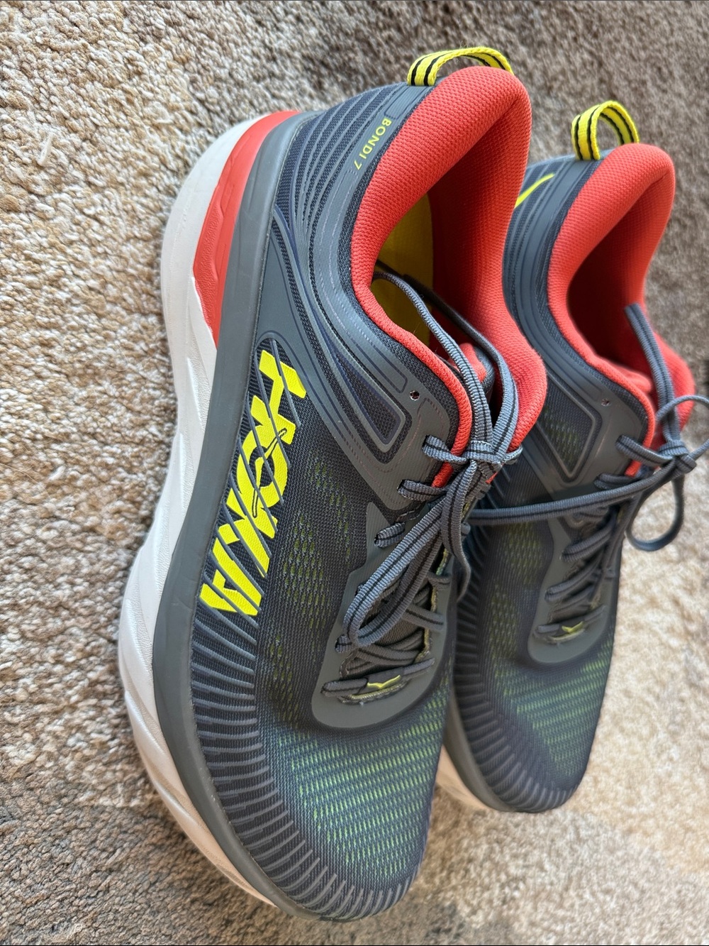 Hoka Men's Gray, Coral & Yellow Bondi-Style Running Shoes